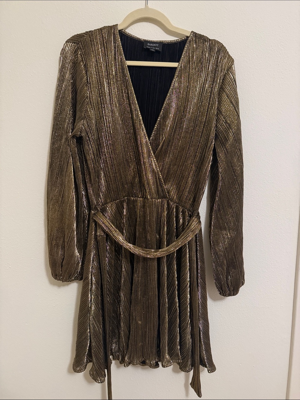 Bardot Shimmery Gold Long Sleeve Pleated Wrap Dress